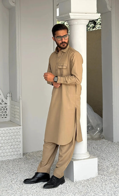 All Season Coffee Color Wash & Wear Shalwar Kameez - Outclass Fabrics