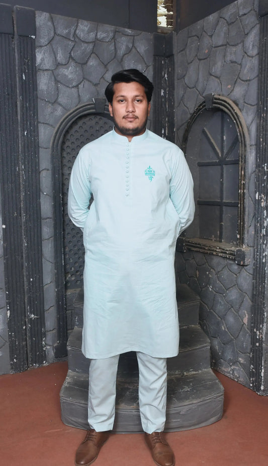 All-Season Cotton Sky Blue Kurta Trouser with Ban Collar - Outclass Fabrics