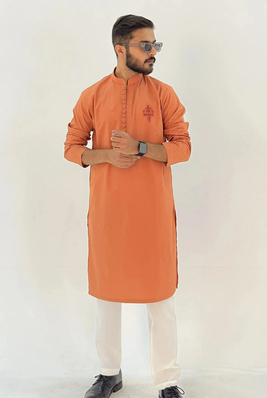 All Season Orange Cotton Kurta with White Trouser - Outclass Fabrics