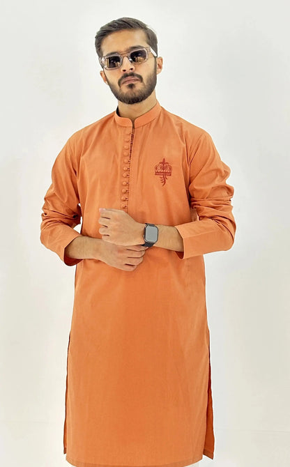 All Season Orange Cotton Kurta with White Trouser - Outclass Fabrics