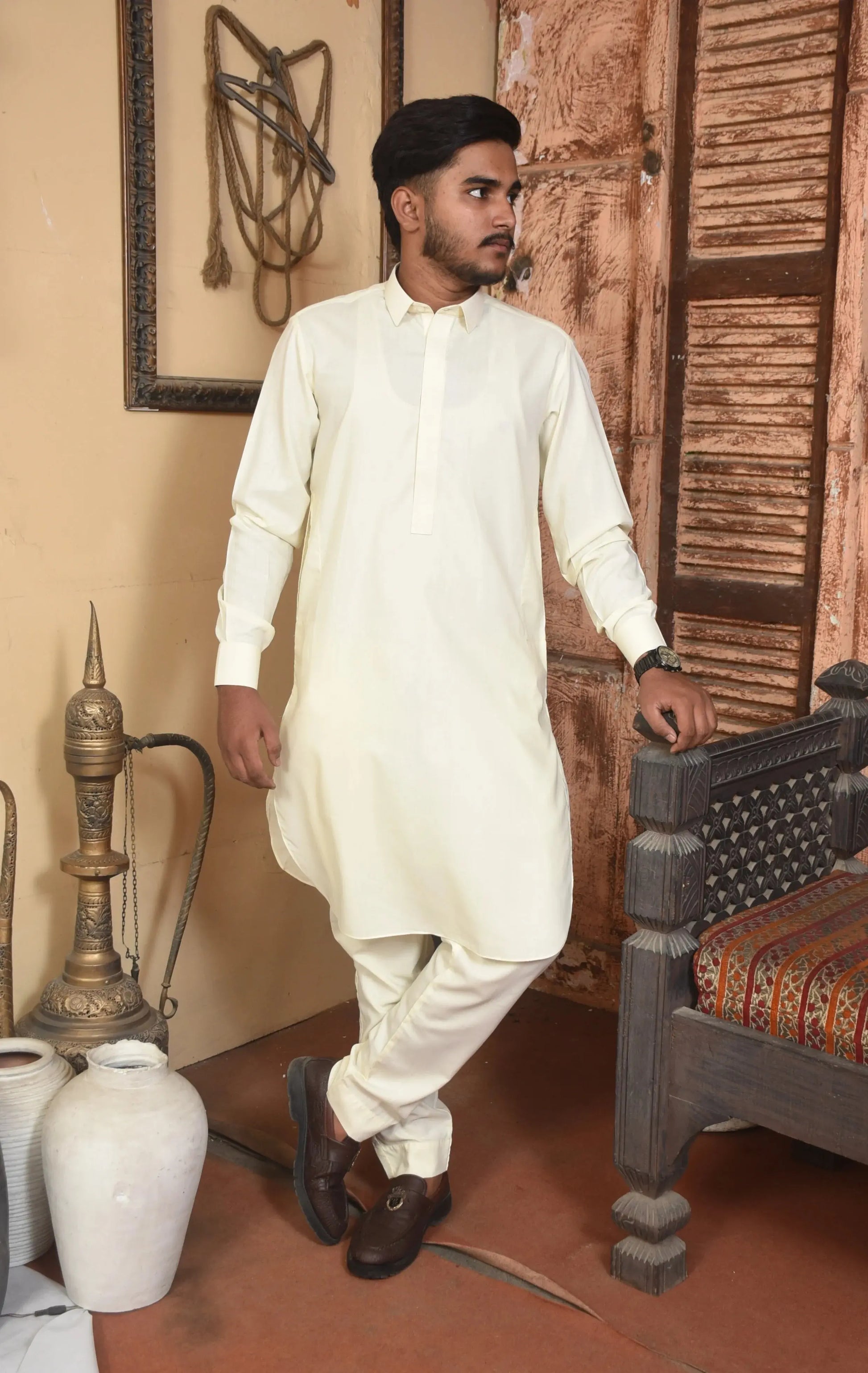 All-Season Wash N Wear Cream Kurta Trouser - Outclass Fabrics